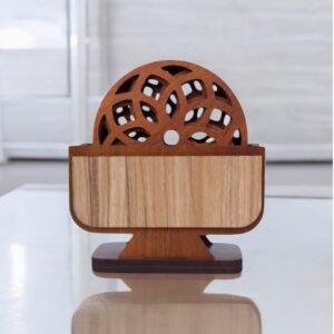 Wooden Coaster Set of 6 with Coaster Box for Tea cups, Coffee Mugs, Bottles, Glasses (Design, Teak wood Color)